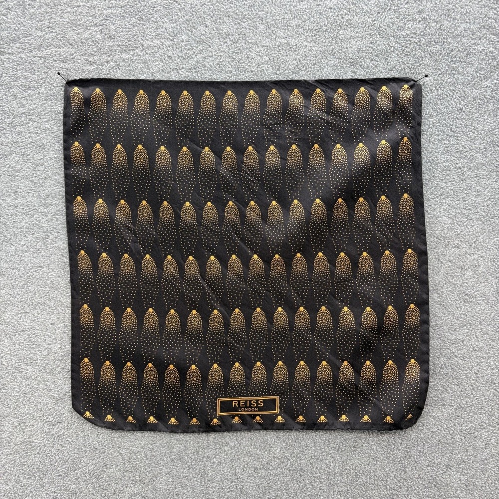 Reiss London Pocket Square Mens Black Gold Silk Satin Geometric Square Dapper